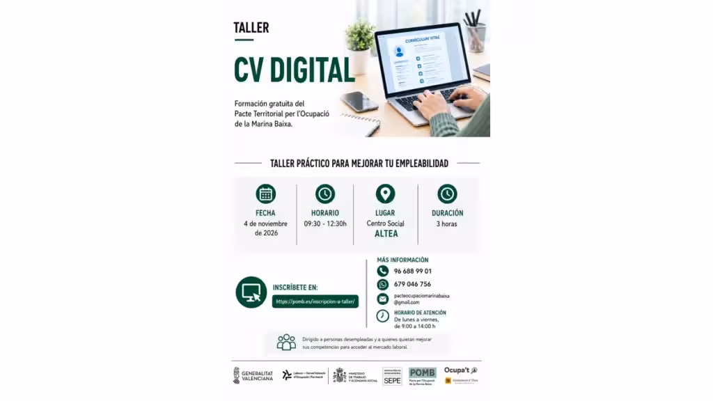 altea-taller-gratuito-curriculum-digital-4-noviembre-2026-es Cartel del taller de CV digital del POMB en Altea, con fecha, horario y vías de inscripción