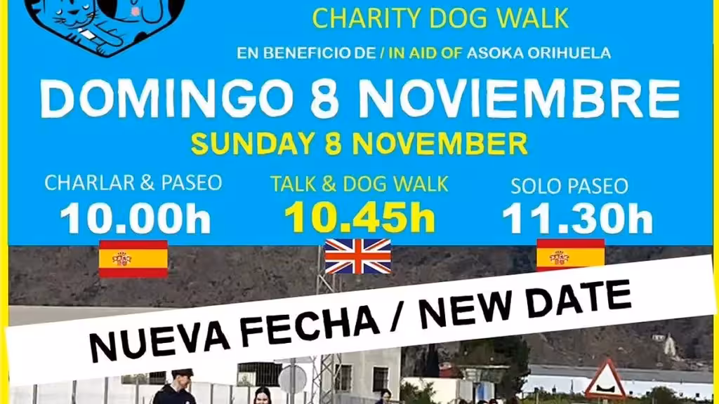 Cartel de ASOKA Orihuela que anuncia la nueva fecha del 8 de noviembre y tres turnos de paseos con perros