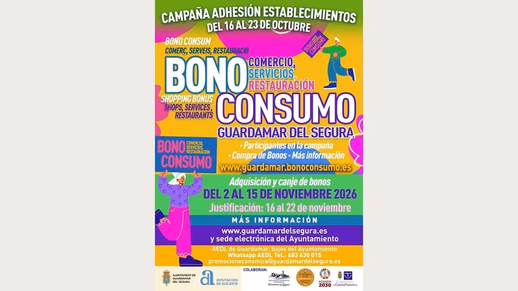 Guardamar: los comercios tienen hasta el 23 de octubre para adherirse al Bono Consumo Cartel de Bono Consumo Guardamar 2026 con los periodos de adhesión, compra, canje y justificación