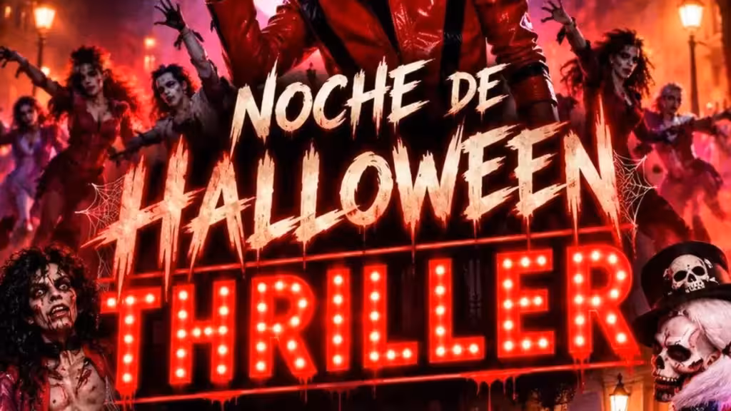 Detalle del cartel de Halloween con la palabra Thriller y personajes de terror