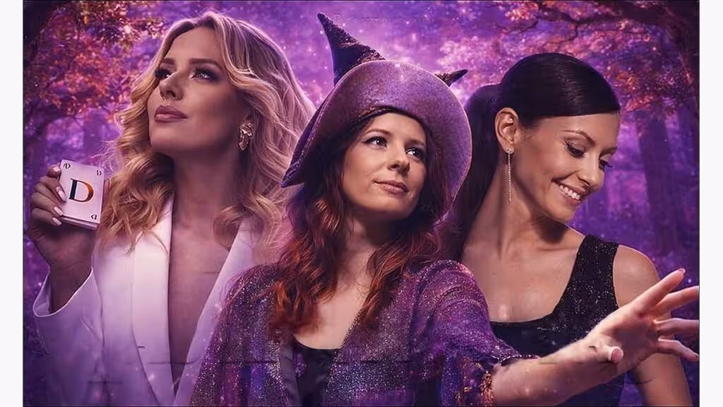 Werbemotiv für Las Ilusionistas mit drei Künstlerinnen vor einer violetten Fantasiekulisse