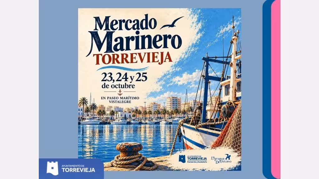 Cartel del Mercado Marinero de Torrevieja, con un barco y las fechas del 23 al 25 de octubre.