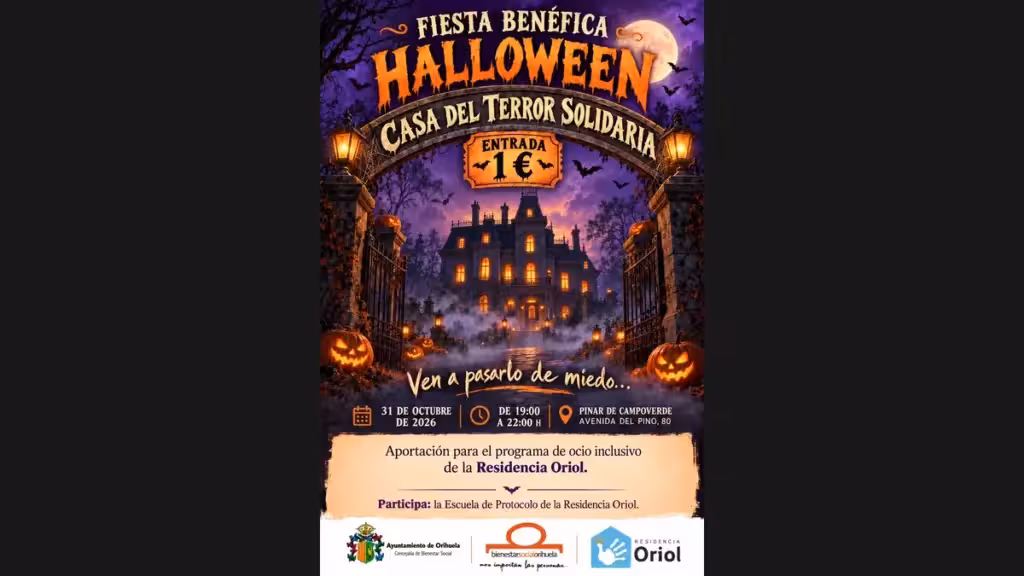 Cartel de la casa del terror solidaria del 31 de octubre para el ocio inclusivo de la Residencia Oriol