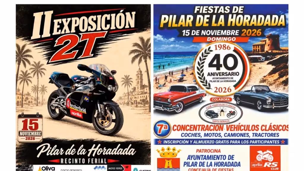Pilar fija el 15 de noviembre para su exposición 2T y la concentración de clásicos Carteles de la exposición de motos 2T y la concentración de vehículos clásicos de Pilar de la Horadada del 15 de noviembre de 2026