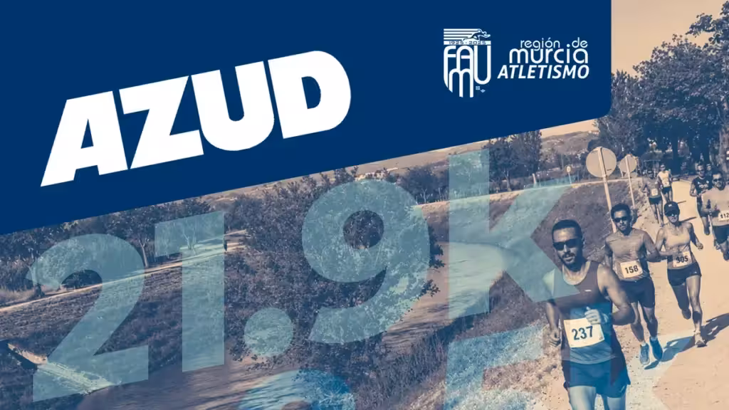 Detalle del cartel de la carrera AZUD con corredores y la distancia de 21,9 kilómetros
