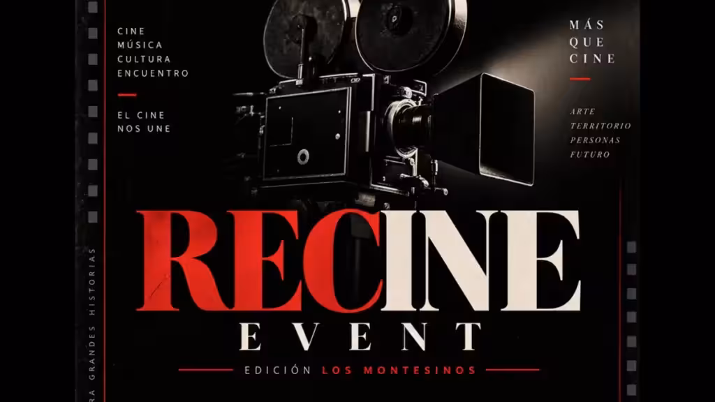 Plakat von RECine Event mit einer Filmkamera und dem Namen Los Montesinos.