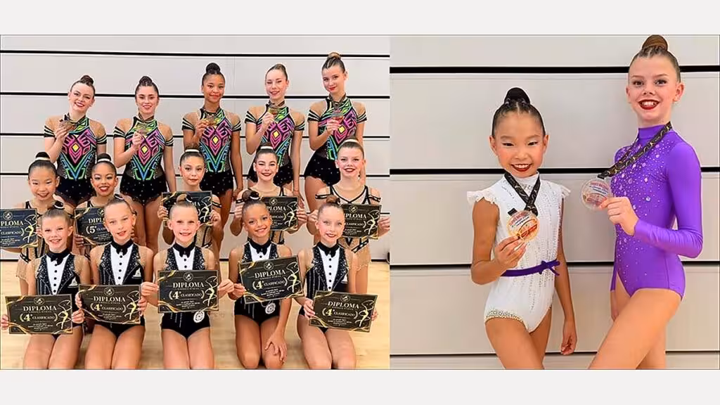 Gimnastas del club de Torrevieja con medallas y diplomas en una composición de dos fotografías