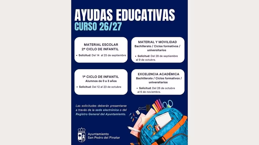San Pedro del Pinatar: las ayudas de 200 euros para Infantil cierran el 23 de octubre Cartel de las ayudas educativas 2026-2027 de San Pedro del Pinatar con los plazos de solicitud