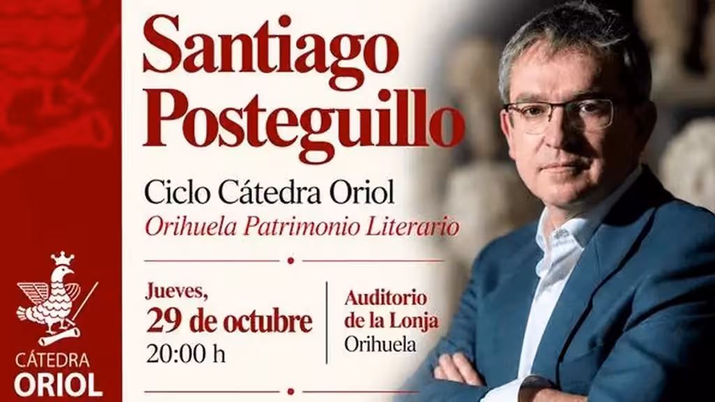 Plakat zum Treffen mit Santiago Posteguillo am 29. Oktober um 20 Uhr in der Lonja von Orihuela