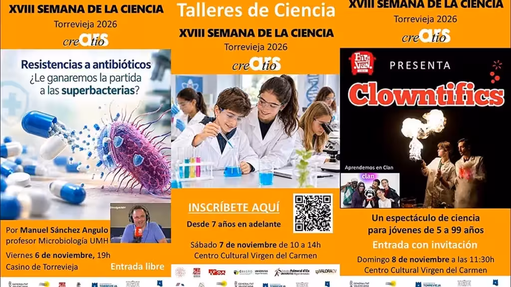Carteles de las tres jornadas de la XVIII Semana de la Ciencia de Torrevieja 2026