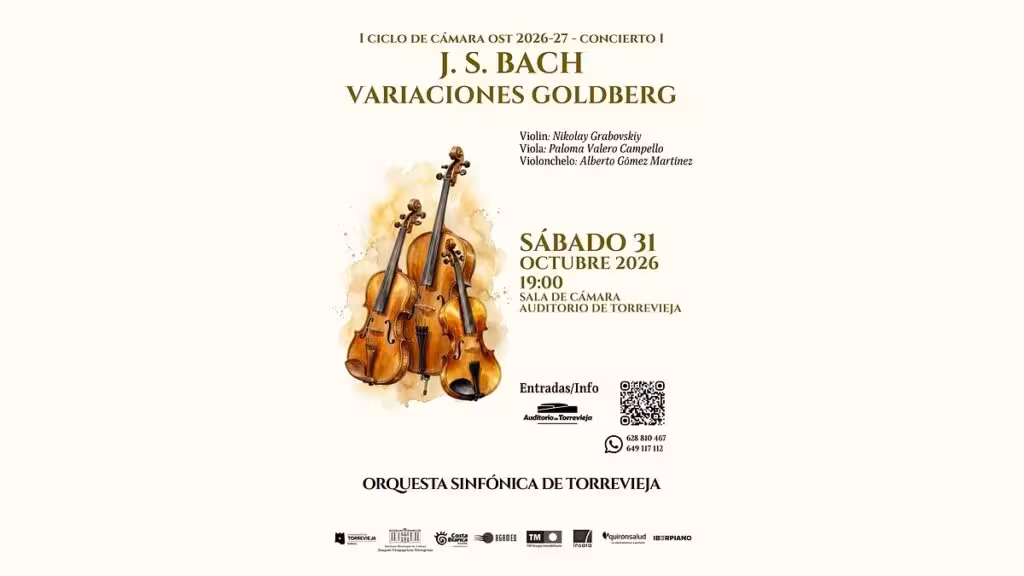 Cartel del primer concierto del ciclo de cámara de la Orquesta Sinfónica de Torrevieja, dedicado a las Variaciones Goldberg de Bach el 31 de octubre de 2026