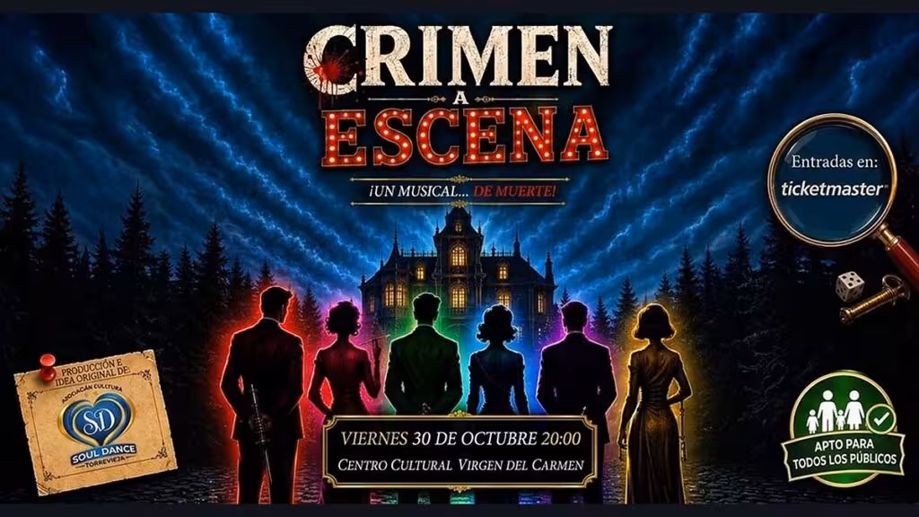 Cartel promocional de Crimen a Escena con fecha, horario, recinto y logotipo de Soul Dance