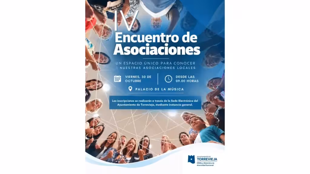 Cartel del IV Encuentro de Asociaciones del 30 de octubre en el Palacio de la Música de Torrevieja, conservado íntegro con márgenes blancos.