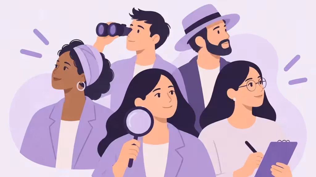 Illustration from the activity poster showing five characters with observation tools