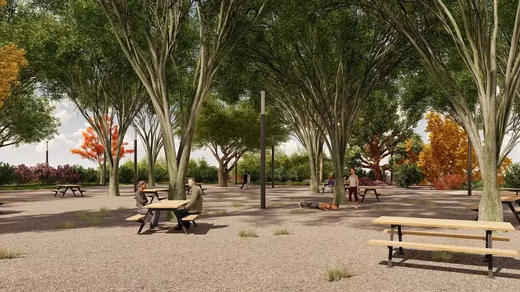 Artist’s impression of the Alto de la Casilla project with trees, tables and shaded areas