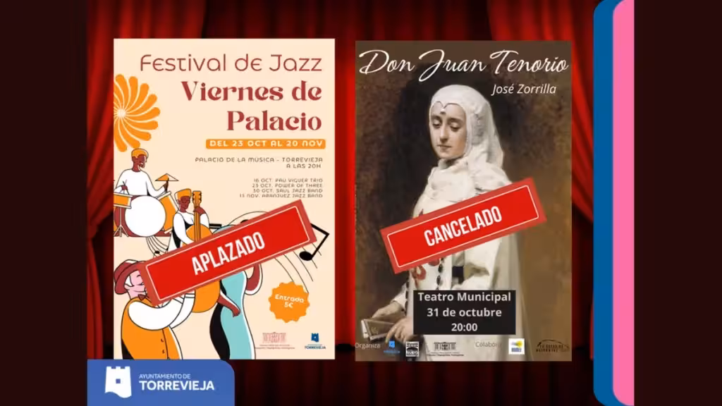 В Торревьехе приостановлены выступления Saúl Jazz Band и Don Juan Tenorio: билеты вернут автоматически Муниципальная композиция с афишами Viernes de Palacio и Don Juan Tenorio с пометками о переносе и отмене.