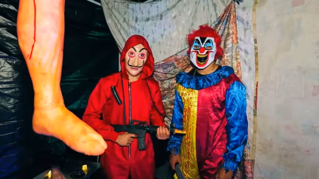 Dos personas con máscaras y disfraces en un decorado de terror, en la fotografía que acompaña el programa de Halloween de Zenia Boulevard